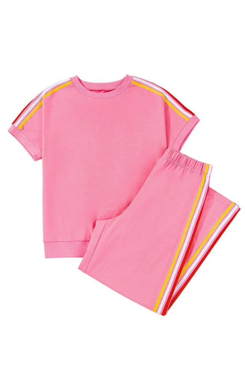 Bonbon Color Contrast Crewneck T Shirt and Wide Leg Pants Set - Love Salve